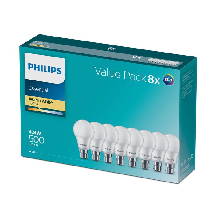 Philips A60 BC LED 500Lm Warm White 4.9W Globe - 8 Pack