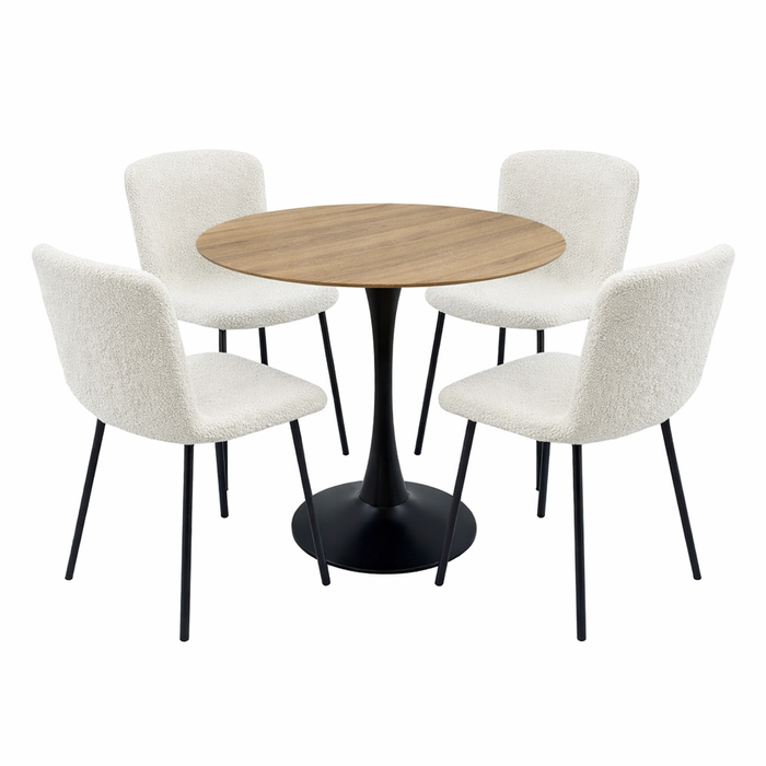 FORET 5pcs Round Dining Table Set With 4 Teddy Boucle Chairs