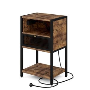 Ufurniture Side Table with Power Outlets & USB Ports Metal Mesh Drawer and Open Shelves Industrial Brown