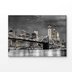 B&W Night City View With Bridge Print 100% Australian Made 150x100cm (Stretched Canvas)