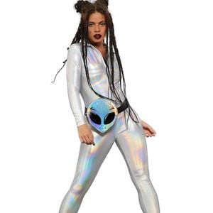 Holographic Silver Womens Miss Whiplash Full Length Body Suit - Small
