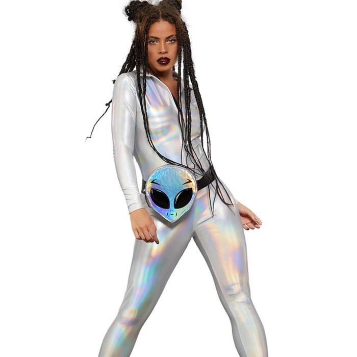 Holographic Silver Womens Miss Whiplash Full Length Body Suit - Small