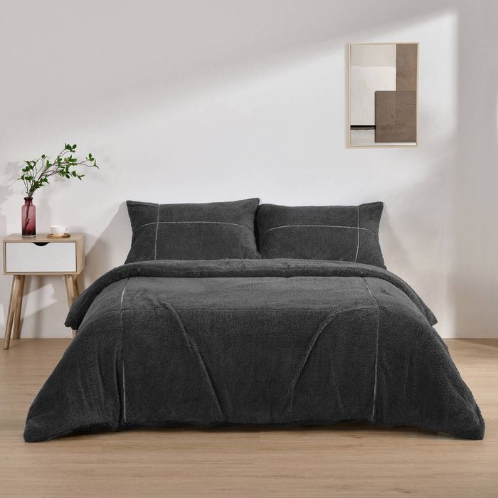 Dreamaker Jasper Teddy Fleece Quilt Cover Set Charcoal Queen