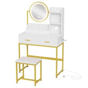 Ufurniture LED Dressing Table with Charging Station Rotating Mirror White&Golden