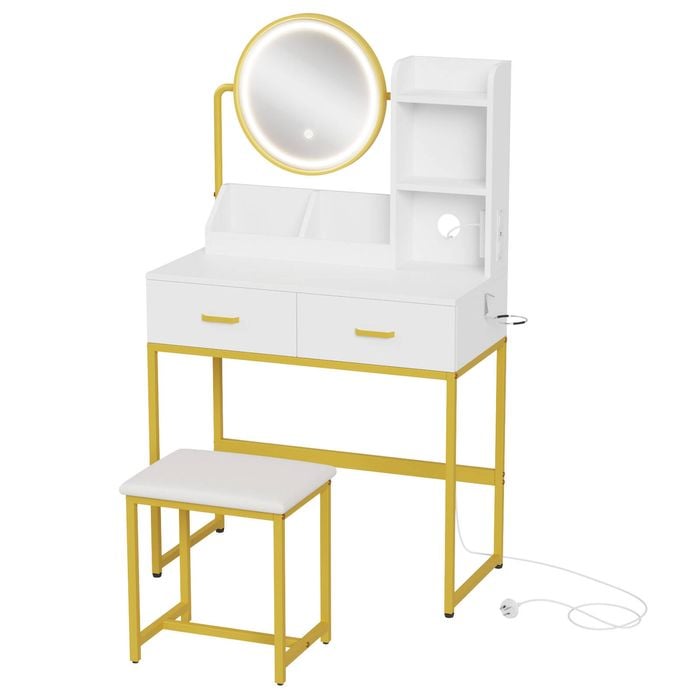 Ufurniture LED Dressing Table with Charging Station Rotating Mirror White&Golden