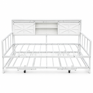 Advwin Single Size Bed Frame with Trundle, Daybed with Barn Door Storage, White
