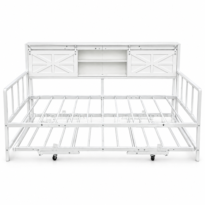 Advwin Single Size Bed Frame with Trundle, Daybed with Barn Door Storage, White