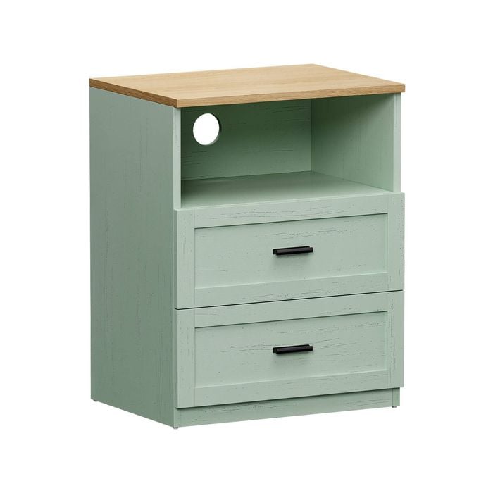 Oikiture Bedside Table 2 Drawers Open Shelf Nightstand Cabinet Natural&green