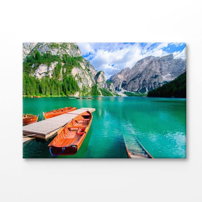 Wooden Boat in Braies Lake Italy Print 100% Australian Made 90x60cm (Stretched Canvas)