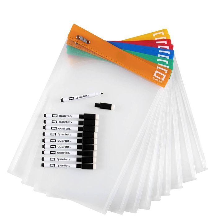 10PK Quartet Flex A4 Dry-Erase Writing Sleeves Pocket w/ Markers