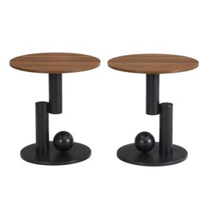 Homfurn Set of 2 Round Side Table with Brown Woodgrain op, Walnut-Look End Table with Black Pedestal Base