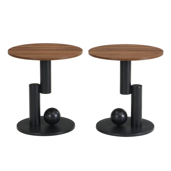 Homfurn Set of 2 Round Side Table with Brown Woodgrain op, Walnut-Look End Table with Black Pedestal Base