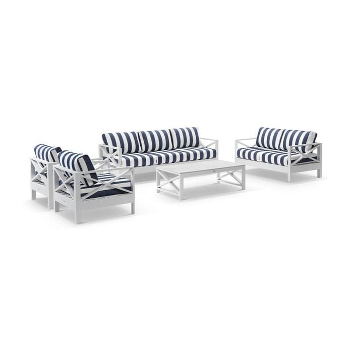 Kansas 3+2+1+1 Seater Lounge Set Coffee Table White & Navy Stripe Cushions