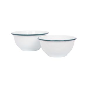 Argon Tableware Enamel Mixing Bowl Set - Green Rim - 2 Piece Large Enamelware Metal Nesting Kitchen Mixing Bowls - 1.6l & 1.1l