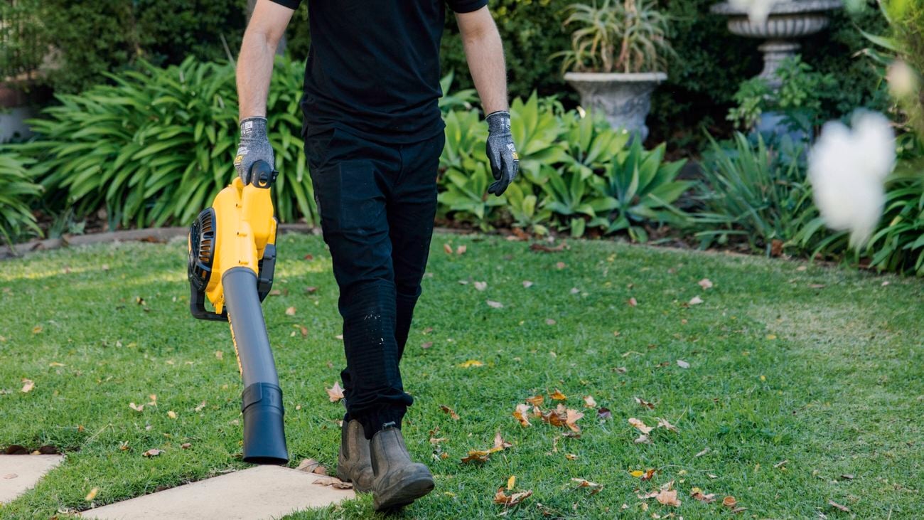 A close up image of a man photographed from the shoulders down using a DeWALT 54V XR Flexvolt blower in a garden setting