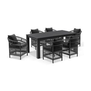 Santorini 1.8m Outdoor Aluminium Dining Table Charcoal With 6 Wicker Chairs & Denim Grey Cushions