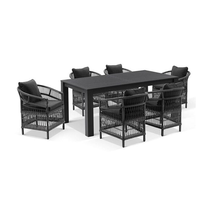 Santorini 1.8m Outdoor Aluminium Dining Table Charcoal With 6 Wicker Chairs & Denim Grey Cushions