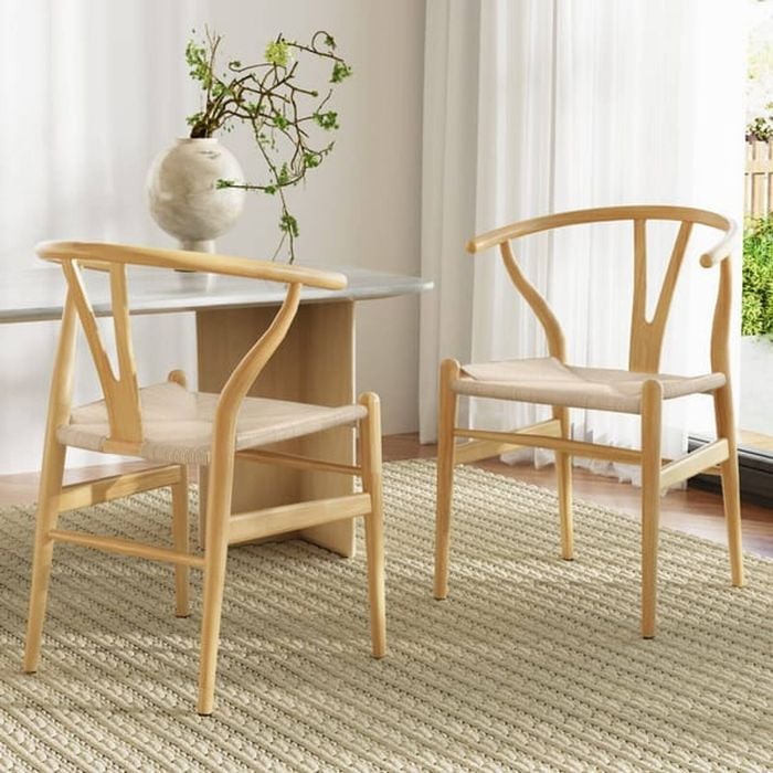 HOMFURN Set of 2 Wishbone Dining Chairs – Natural Rubber Wood, Rattan Woven Seat, Kitchen Cafe Chair