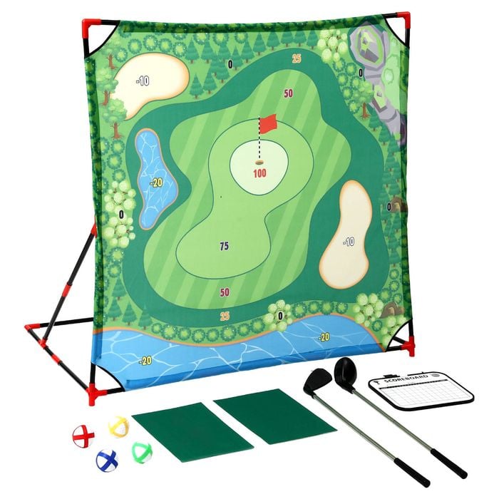 Keezi Kids Golf Chipping Game Set with Stand, 24 Sticky Balls, Adjustable Club & 2 Hitting Mats