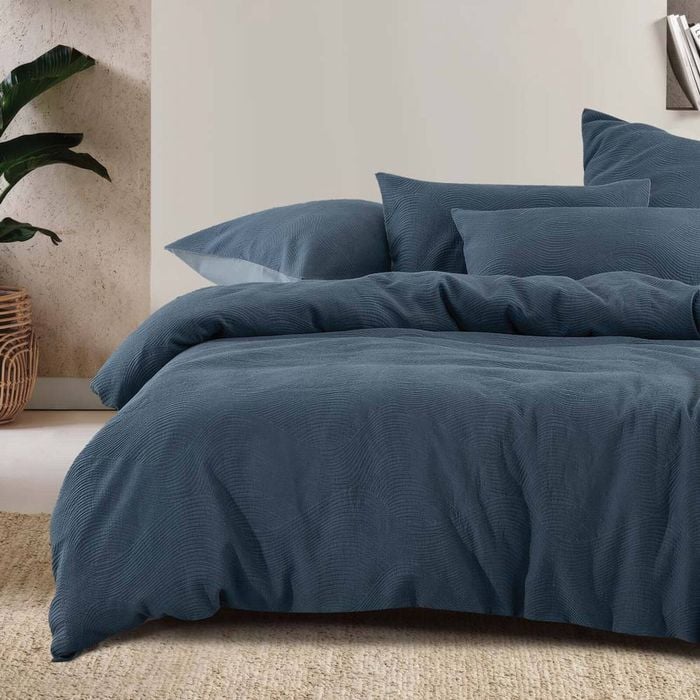 Bambury Tide Jacquard Polycotton Quilt Cover Set Denim Blue Home Bedding Queen