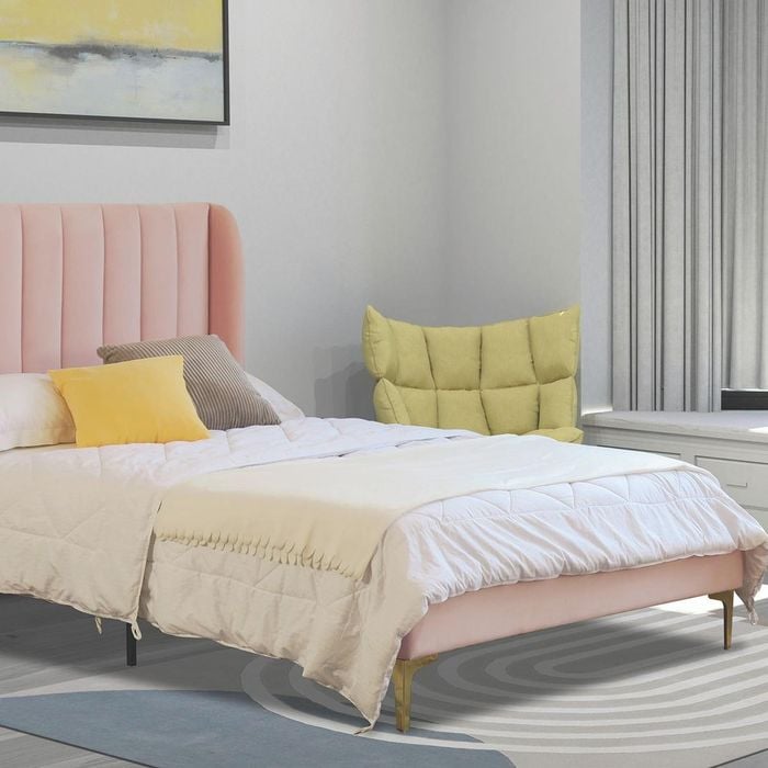 Istyle Modern Classic Herman Queen Velvet Bed Frame Pink with Gold Legs