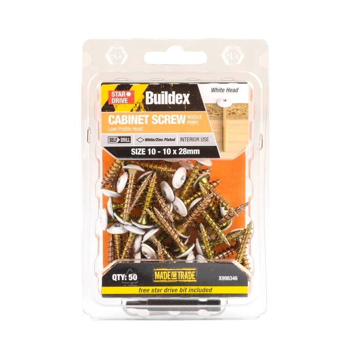 Buildex® 10 - 10 x 28mm White Star Head Cabinet Screw - 50 Pack
