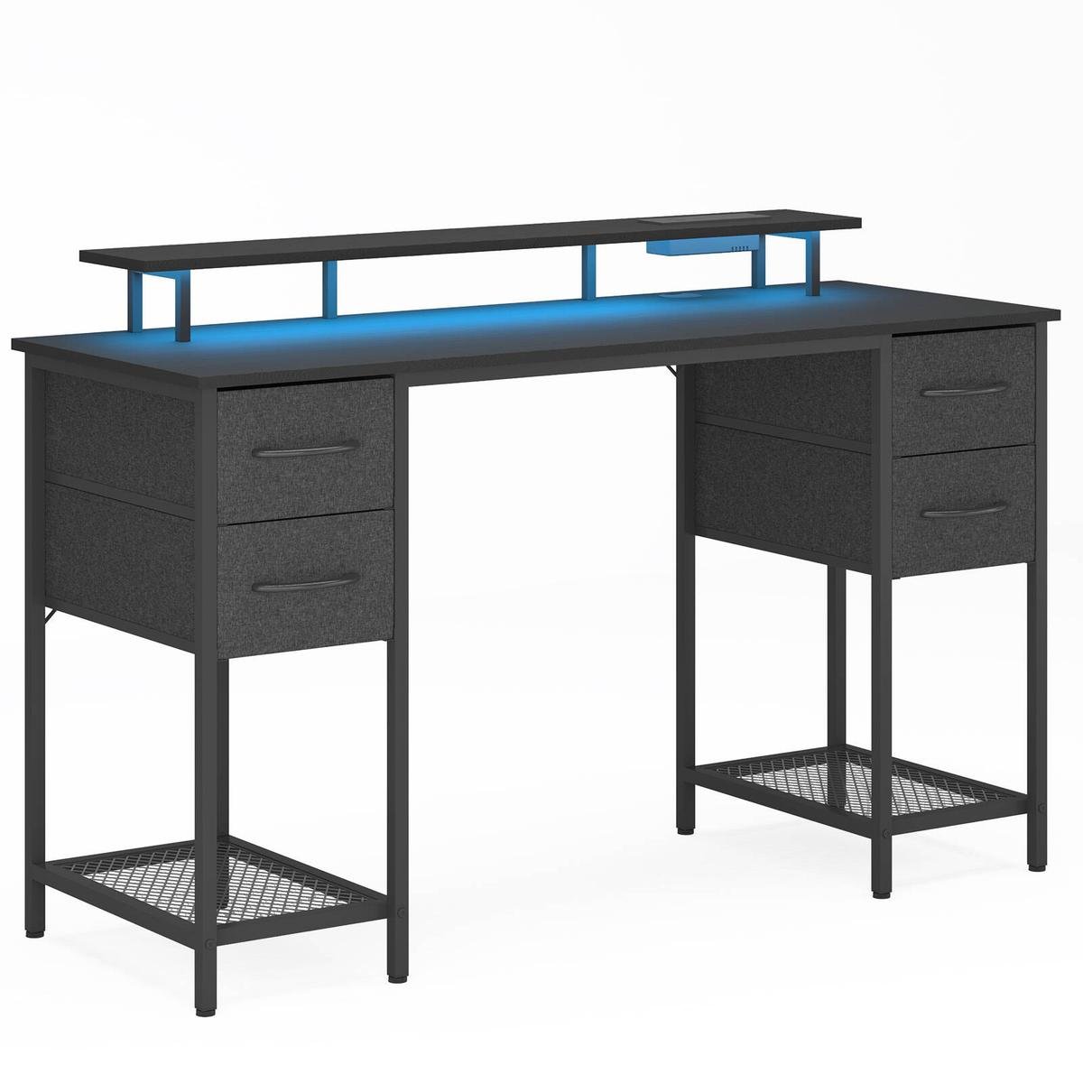 Advwin Computer Desk 137cm Gaming Desk with LED Lights & Power Outlets