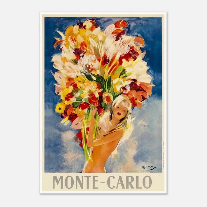 Galrie Monte Carlo Vintage Travel Poster with Bouquet of Flowers Art for Home Décor, Poster Only, 50 x 70cm (20 x 28inch)
