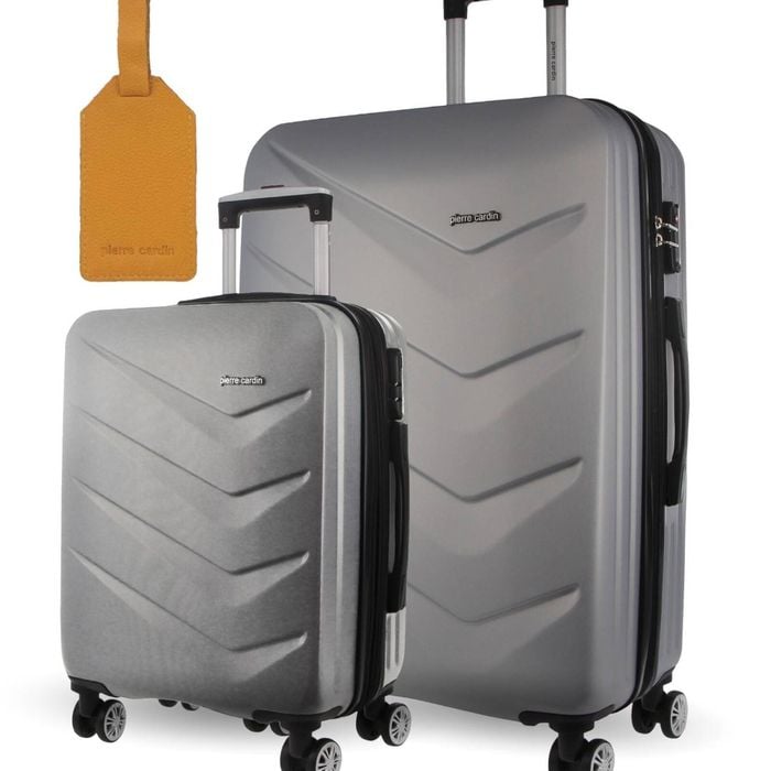2pc Pierre Cardin Hard-Shell Medium Suitcase & Cabin Set w/Luggage Tag Silver