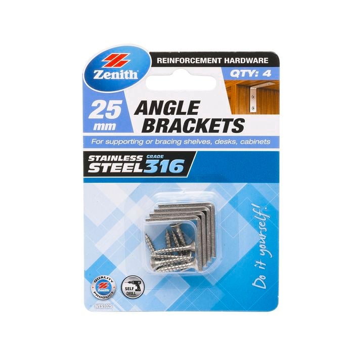 Zenith 25mm Stainless Steel Angle Bracket - 4 Pack