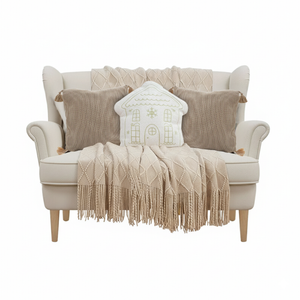 SOGA Christmas Bundle – 2 Khaki Wabi-Sabi & White Christmas House Pillows with Beige Knitted Throw