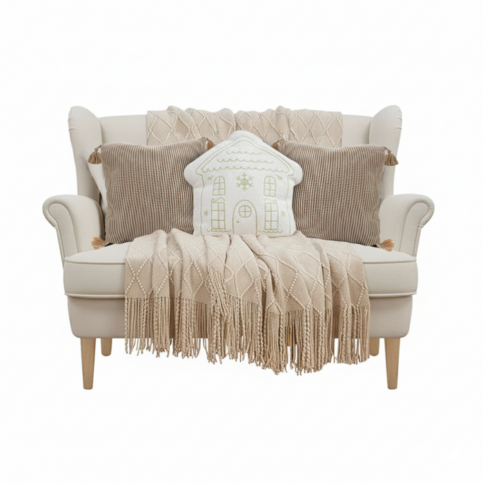 SOGA Christmas Bundle – 2 Khaki Wabi-Sabi & White Christmas House Pillows with Beige Knitted Throw
