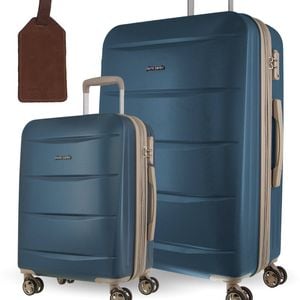 2pc Pierre Cardin Large Hard & Cabin Travel Luggage Set W/ Name Tag Blue