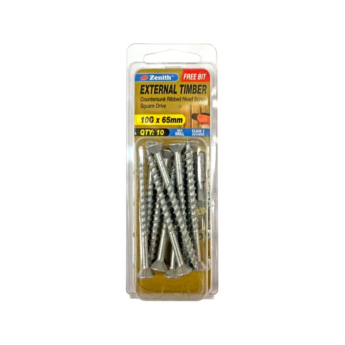 Zenith 10G x 65mm Galvanised Square Drive External Timber Screw - 10 Pack