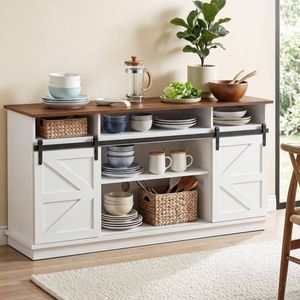 HOMFURN 150cm Sliding Barn Door Buffet Cabinet, White & Walnut Sideboard with 3-Tier Storage, 50kg Capacity