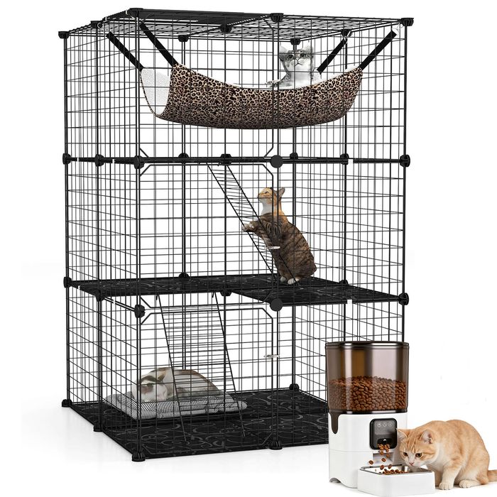 Advwin 3 Tier Metal Cat Cage DIY Enclosure with 6L Automatic Cat Feeder