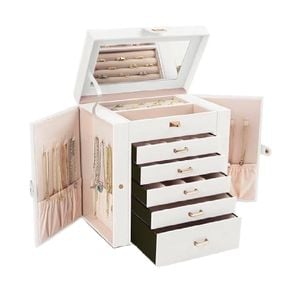 CARLA HOME 6-Layer Large Jewelry Box for Women withDrawers, Mirror, Lock, Necklace Hooks & Side Compartments (White)