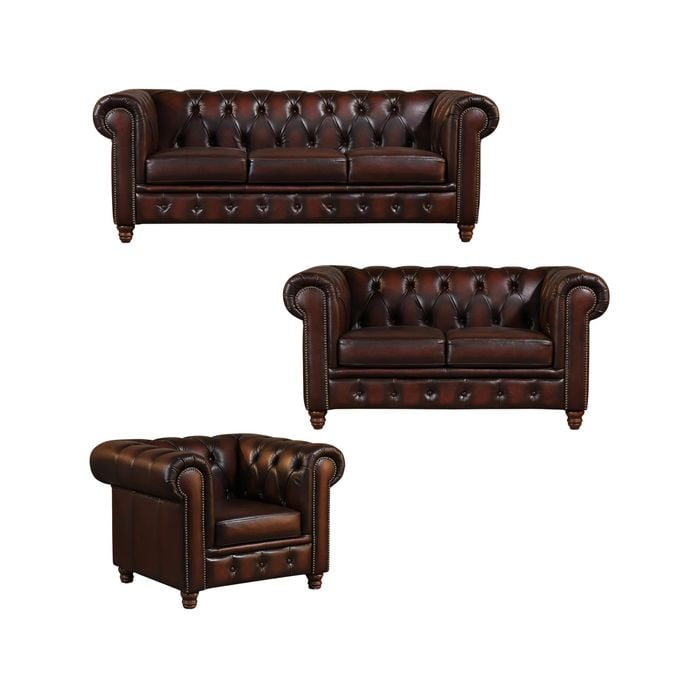 Max Chesterfield 1+2+3 Seater Sofa Set Lounge Genuine Leather Antique Brown