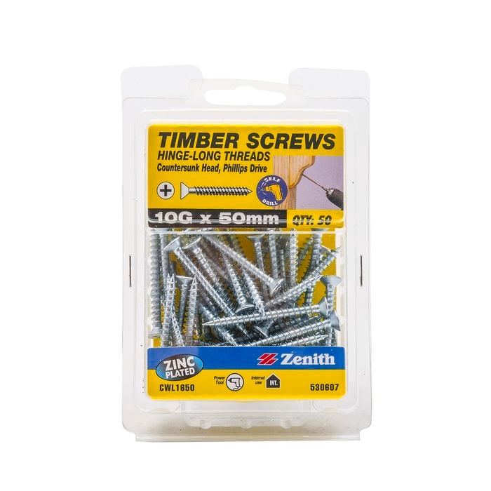 Zenith 10G x 50mm Zinc Plated Hinge-Long Thread Countersunk Head Timber Screws - 50 Pack