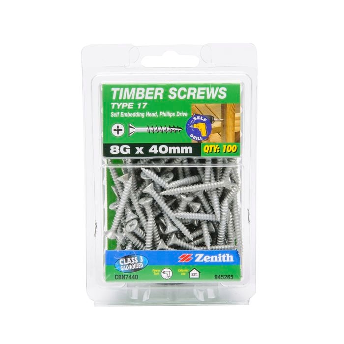 Zenith 8g x 40mm Galvanised Countersunk Ribbed Head Type 17 Timber Screws - 100 Pack