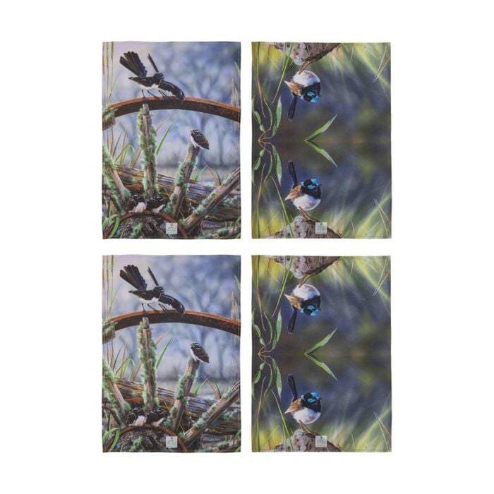 2x 2pc Ashdene Aus Small Birds Wren Wagtail Kitchen Tea Towels Animal Art