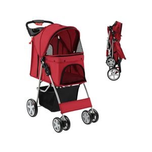 Costway 4 Wheel Pet Stroller Dog Cat Carrier Cage Travel Pushchair Foldable Pram w/Canopy & Basket Red