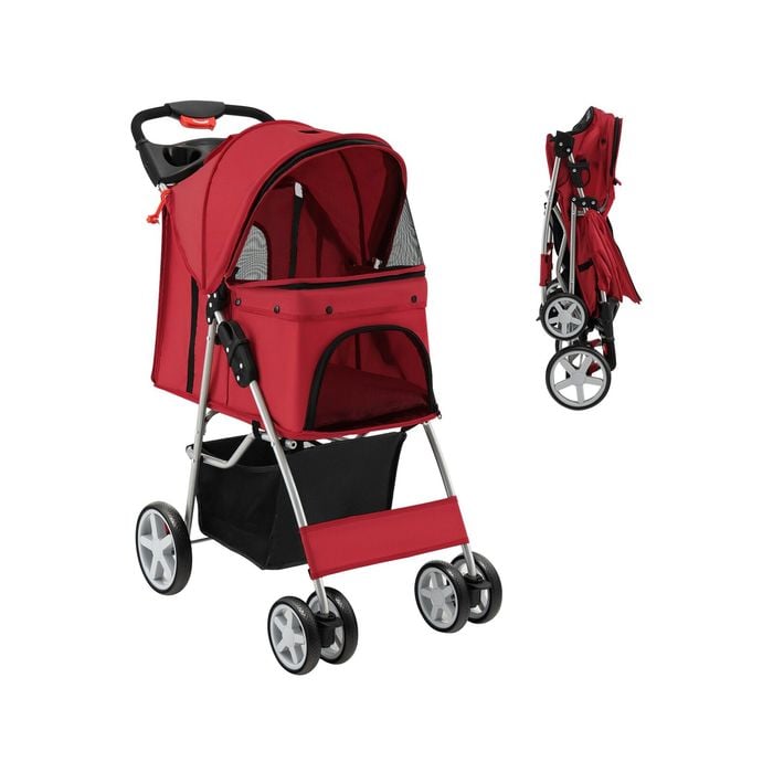 Costway 4 Wheel Pet Stroller Dog Cat Carrier Cage Travel Pushchair Foldable Pram w/Canopy & Basket Red