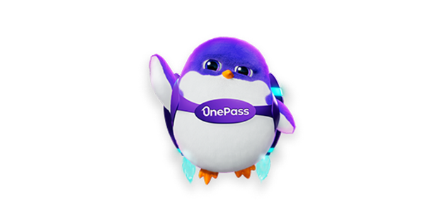                   A purple penguin with a OnePass label on his body