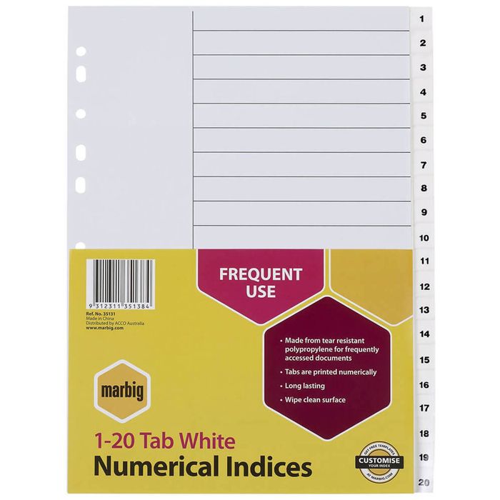 Marbig Numerical Indices & Dividers A4 (White) (1-20 Tab)