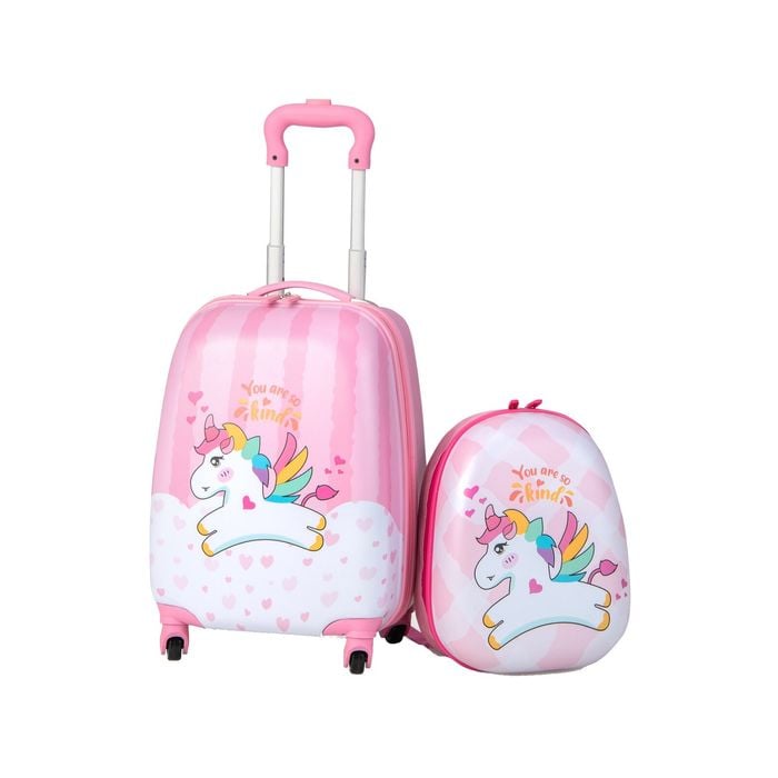 Costway Kids 16" Suitcase+13" Backpack Travel Luggage Set Mobile Carry On Bag Pink