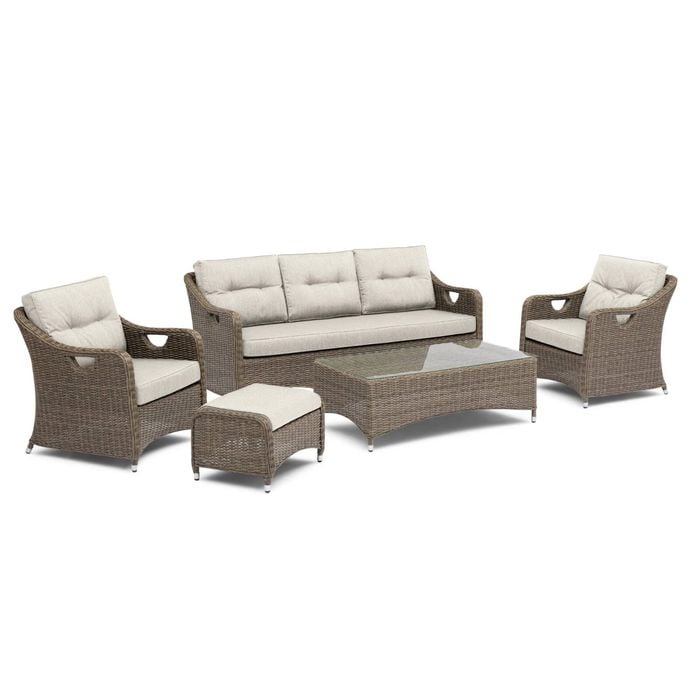 FurnitureOkay Liverpool 5-Piece Wicker Outdoor Lounge Setting - Beige Cushion