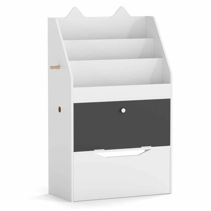 Costway Kid Bookshelf Toy Organizer Cabinet Drawer Chalkboard Hook White