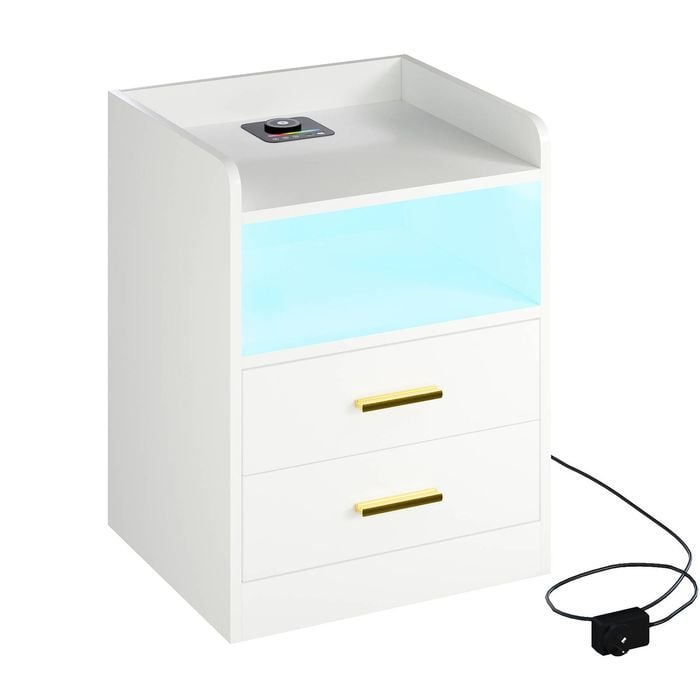 Advwin Bedside Table 2 Drawers LED Nightstand Wireless Charging Station Smart Control White