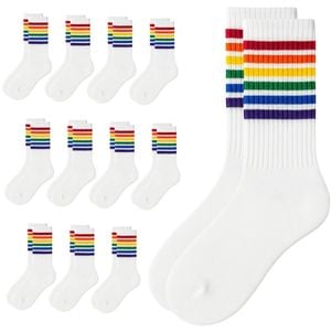 12 Pairs White Unisex Socks with Rainbow Stripes for Halloween Costume Party - Multi Coloured | One Size | Crew Socks